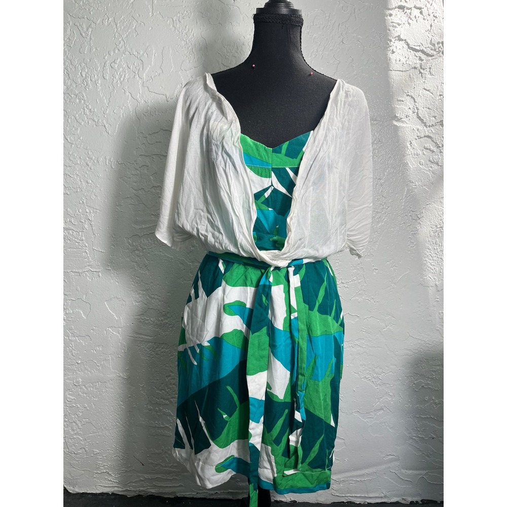 Totem Brazil Size 2 Green Blue Tropical Print Dress White Overlay